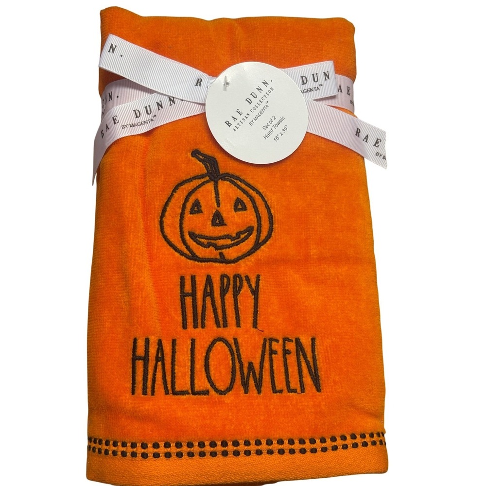 Rae Dunn Towels Kitchen Hand Set of 2 Orange Happy‎ Halloween Pumpkins  New